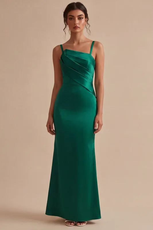 Dark Green Thick Straps Ruched Long Mermaid Formal Dress made by Zapaka