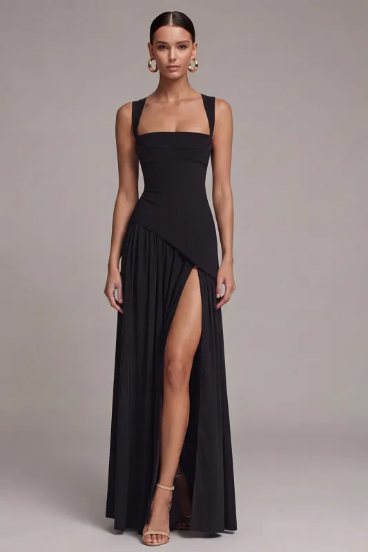 Black Square Neck A Line Long Formal Dress with Slit made by Zapaka