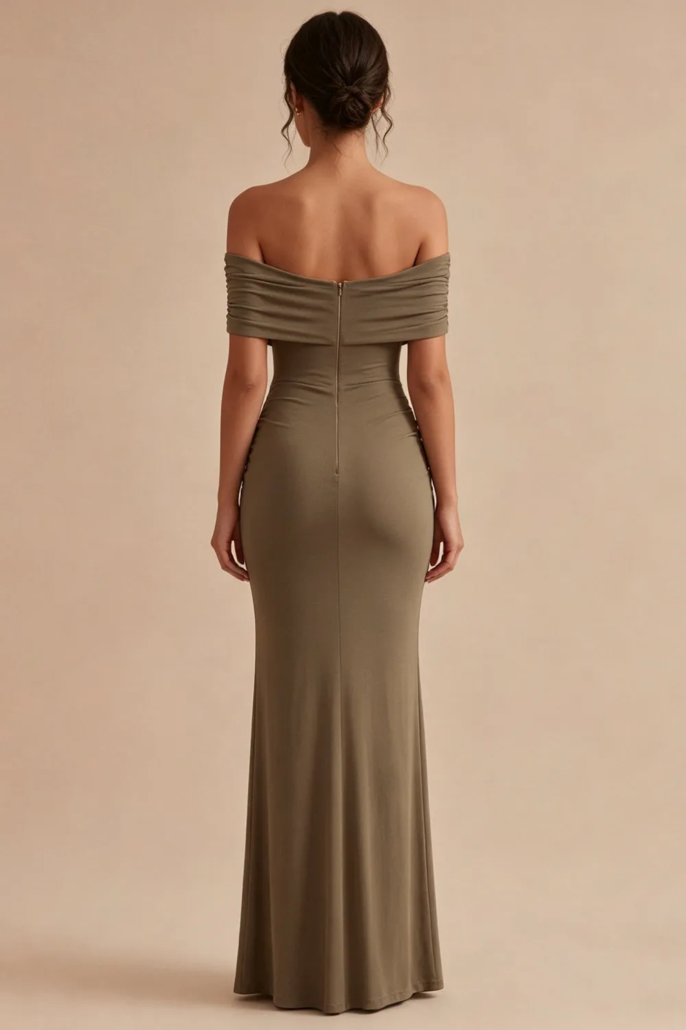 Khaki Off the Shoulder Mermaid Ruched Long Formal Dress sold by Zapaka product image thumbnail 2