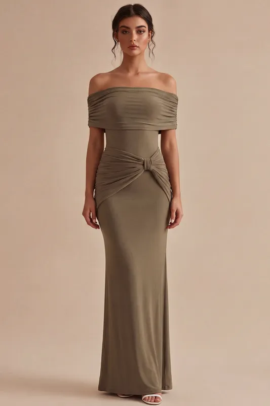 Khaki Off the Shoulder Mermaid Ruched Long Formal Dress made by Zapaka
