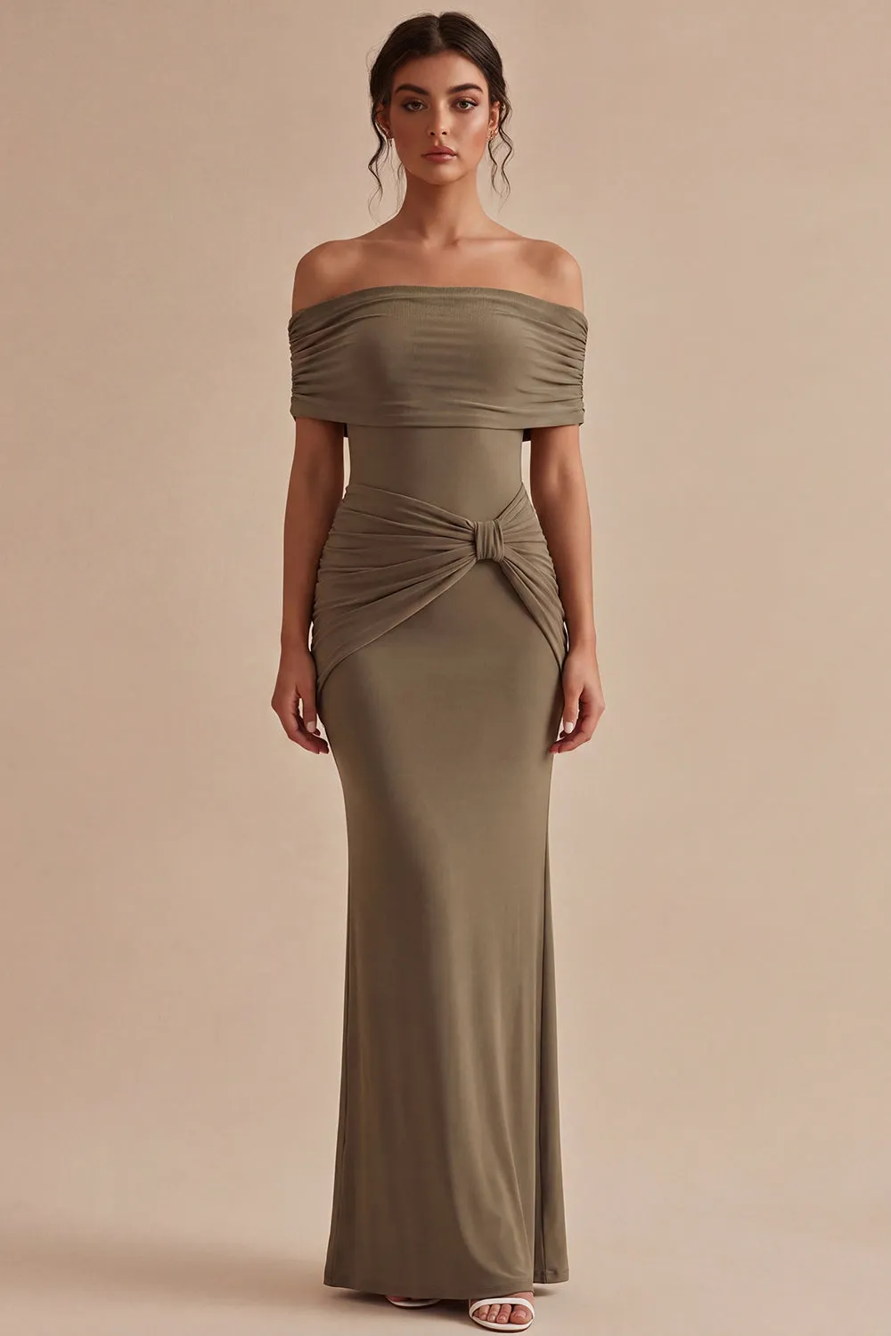 Khaki Off the Shoulder Mermaid Ruched Long Formal Dress sold by Zapaka