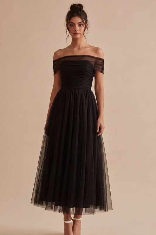 Black Off the Shoulder A Line Long Formal Dress made by Zapaka