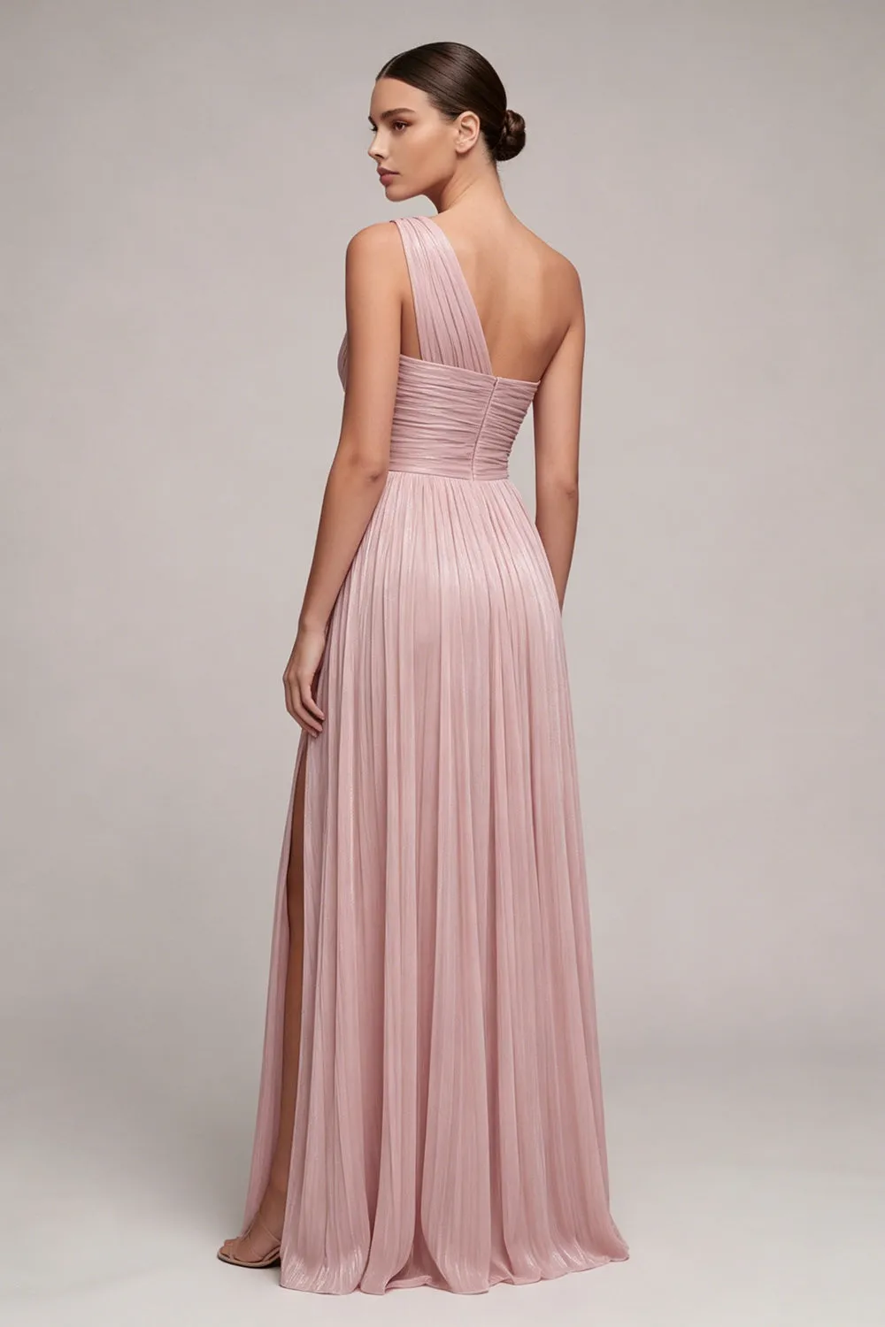 Dusty Rose One Shoulder Pleated A Line Long Formal Dress with Slit sold by Zapaka product image thumbnail 3