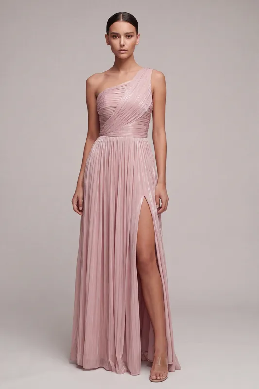 Dusty Rose One Shoulder Pleated A Line Long Formal Dress with Slit made by Zapaka