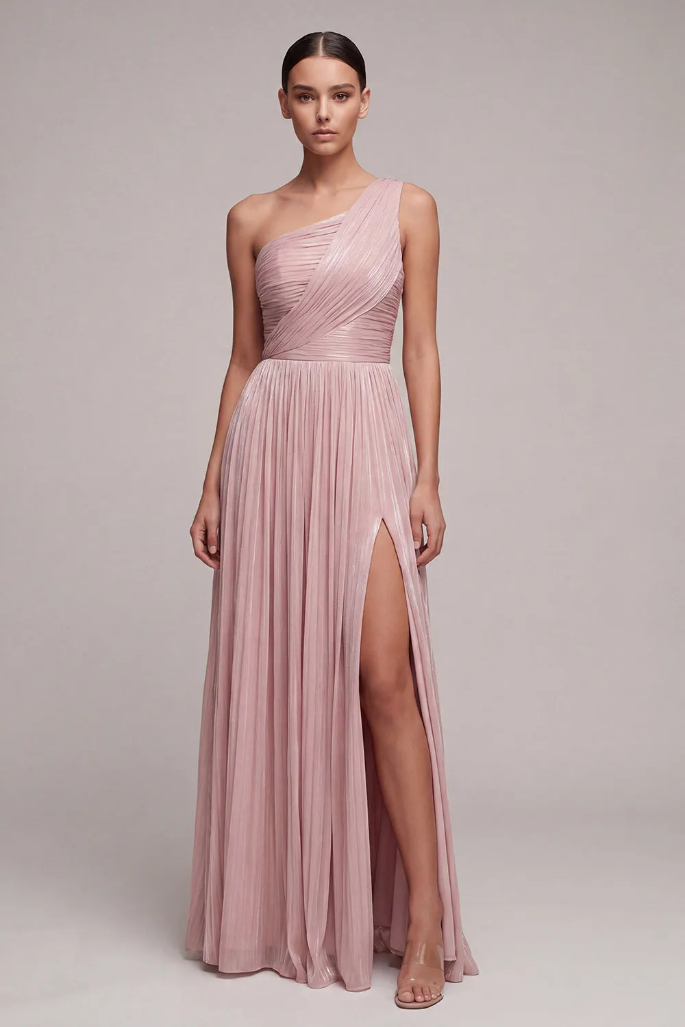 Dusty Rose One Shoulder Pleated A Line Long Formal Dress with Slit sold by Zapaka