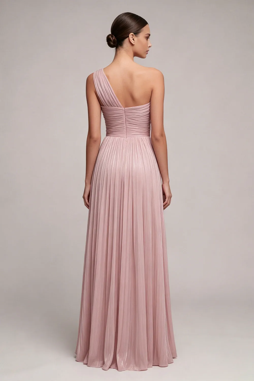 Dusty Rose One Shoulder Pleated A Line Long Formal Dress with Slit sold by Zapaka product image thumbnail 2