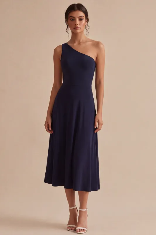 Navy One Shoulder A Line Long Formal Dress made by Zapaka