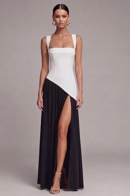 Black and White Colorblock Corset Square Neck Formal Dress with Slit made by Zapaka