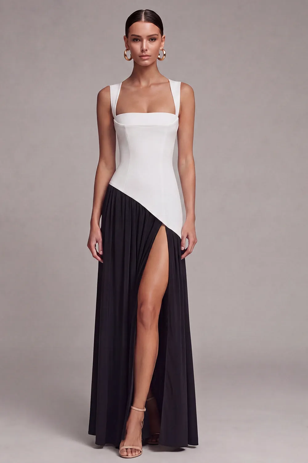 Black and White Colorblock Corset Square Neck Formal Dress with Slit sold by Zapaka