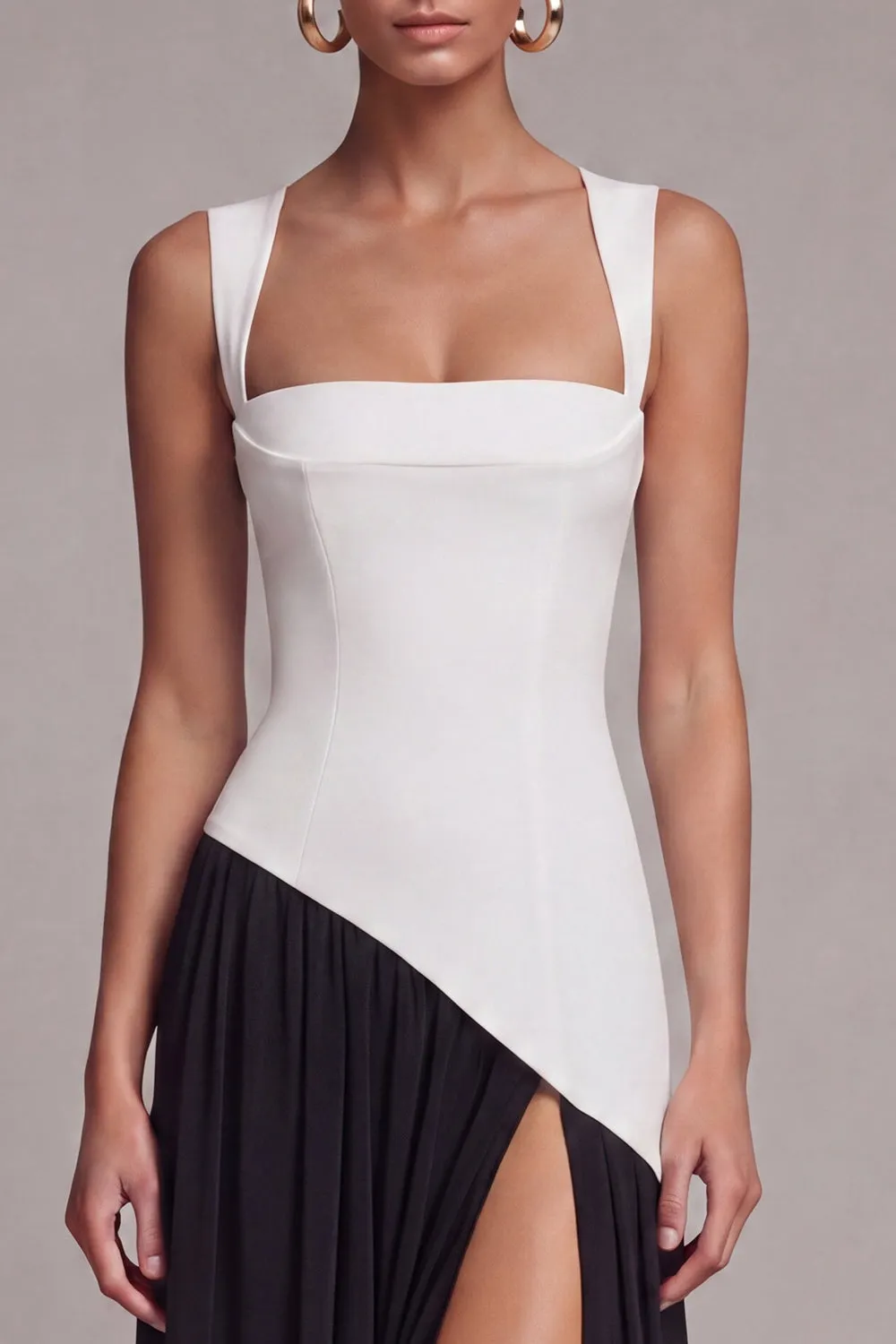 Black and White Colorblock Corset Square Neck Formal Dress with Slit sold by Zapaka product image thumbnail 3