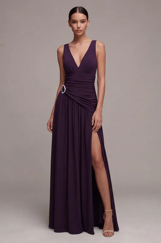 Plum A Line V Neck Ruched Formal Dress with Rhinestone made by Zapaka