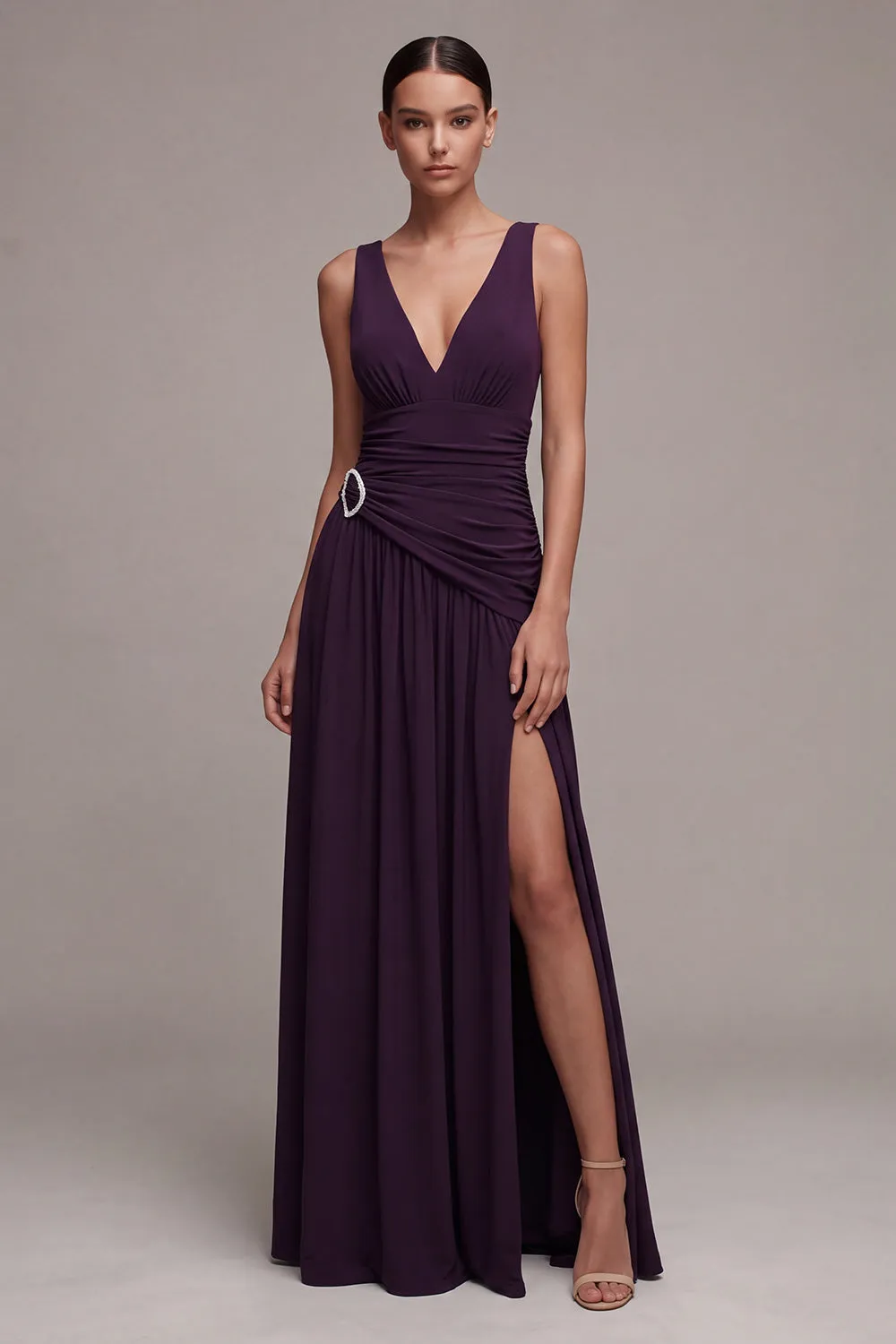 Plum A Line V Neck Ruched Formal Dress with Rhinestone sold by Zapaka