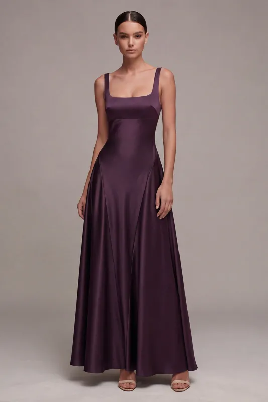 A Line Plum Square Neck Satin Formal Dress made by Zapaka