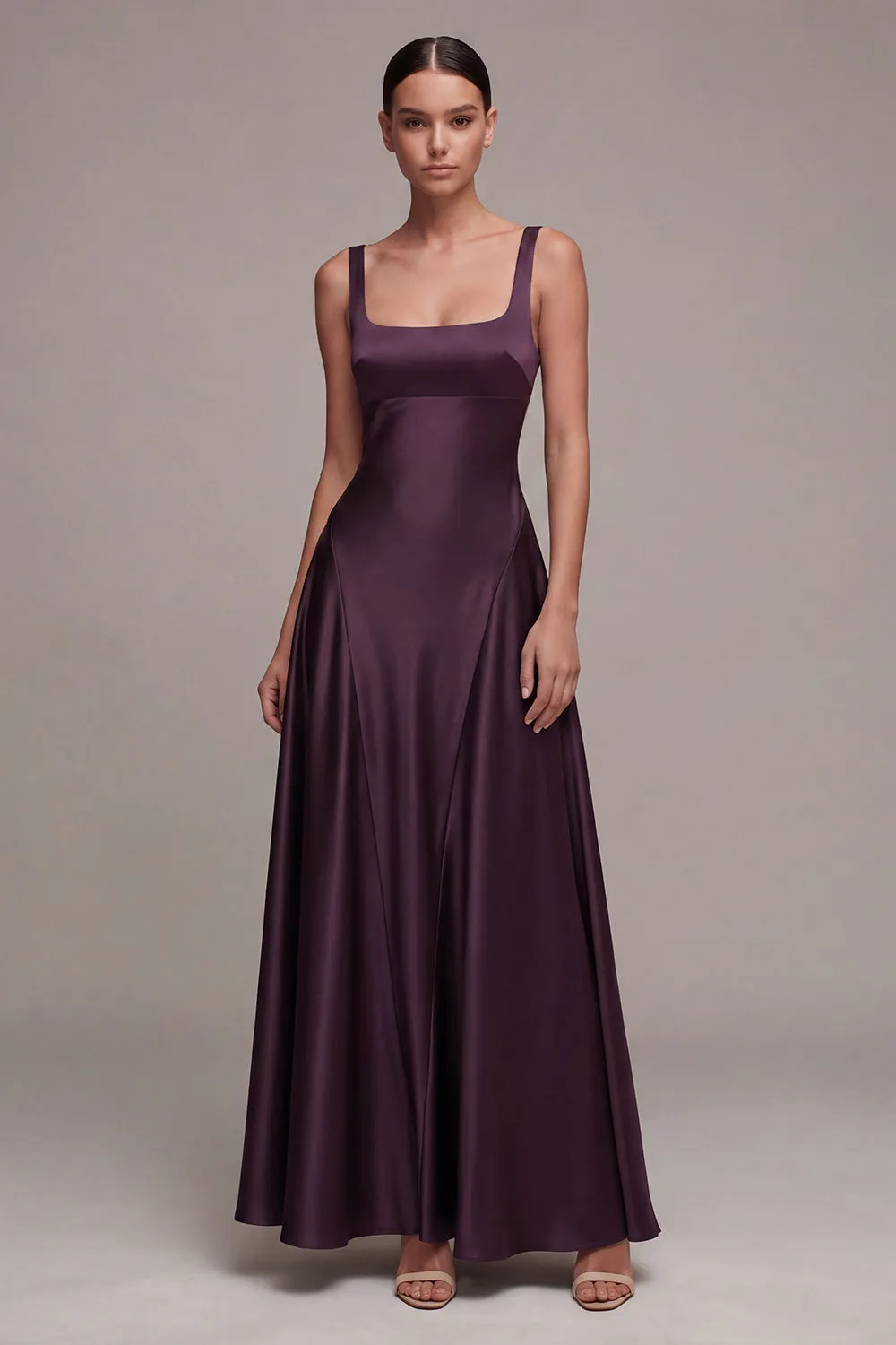 A Line Plum Square Neck Satin Formal Dress sold by Zapaka