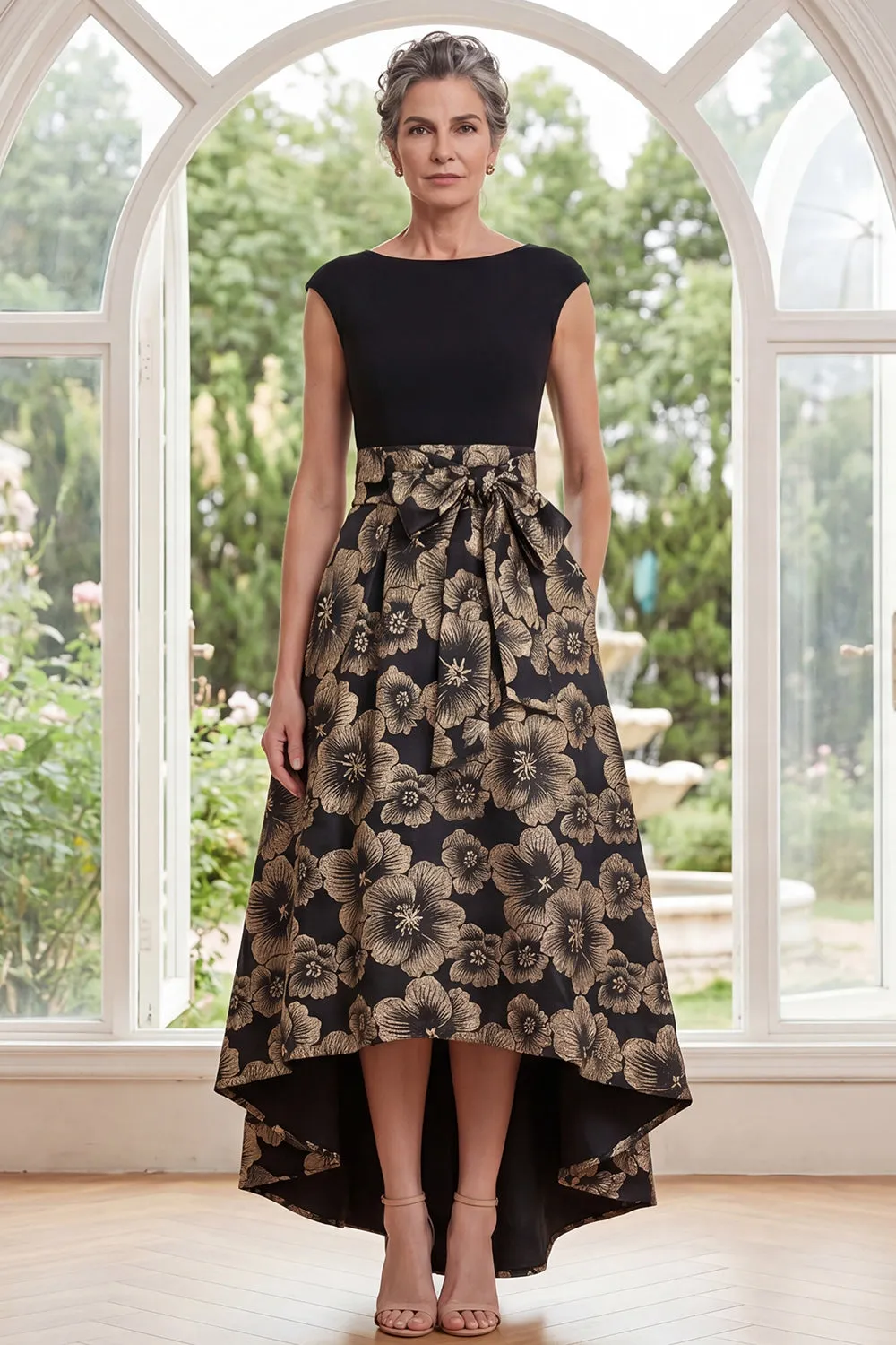 Black A-Line Bateau Neck Floral Jacquard High Low Mother Of the Bride Dress with Bow sold by Zapaka