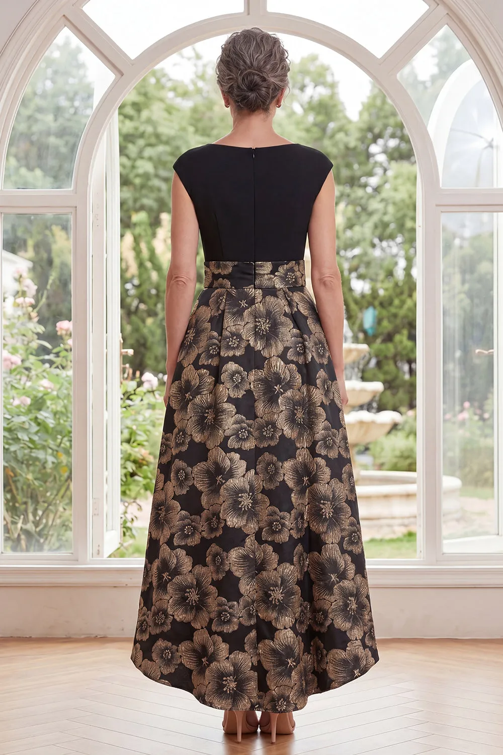 Black A-Line Bateau Neck Floral Jacquard High Low Mother Of the Bride Dress with Bow sold by Zapaka product image thumbnail 2