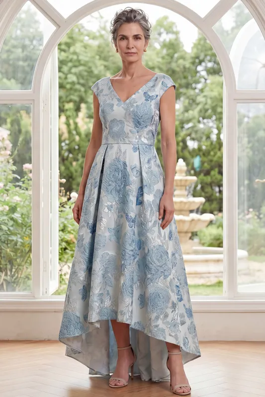 A-Line Blue V-Neck Floral Jacquard High Low Mother Of the Bride Dress with Cap Sleeves made by Zapaka