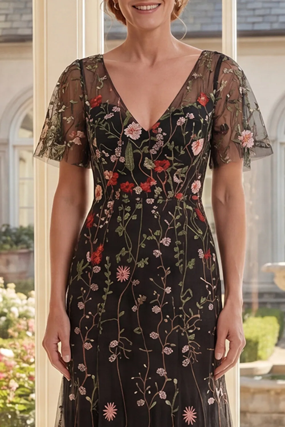A-Line Black V-Neck Floral Tulle Long Mother Of the Bride Dress with Flutter Sleeves sold by Zapaka product image thumbnail 3
