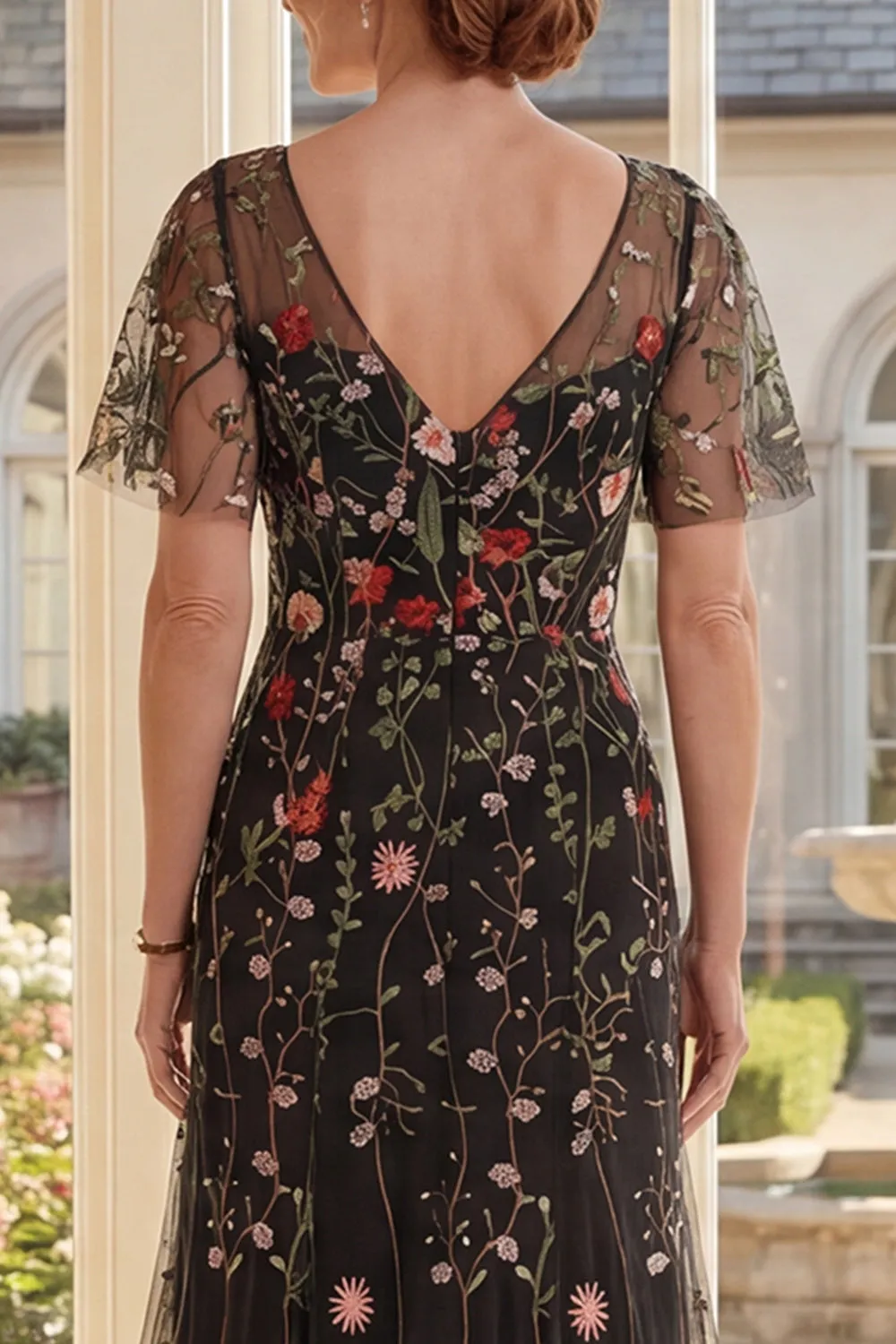 A-Line Black V-Neck Floral Tulle Long Mother Of the Bride Dress with Flutter Sleeves sold by Zapaka product image thumbnail 4