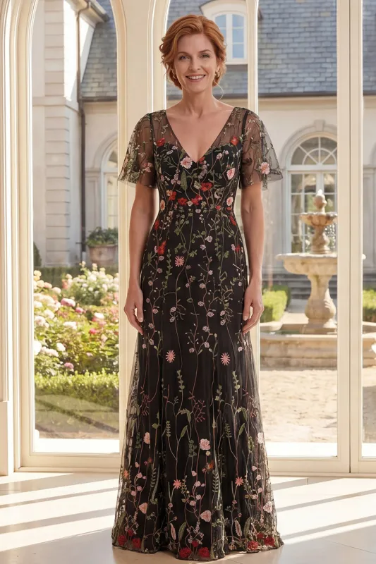 A-Line Black V-Neck Floral Tulle Long Mother Of the Bride Dress with Flutter Sleeves made by Zapaka