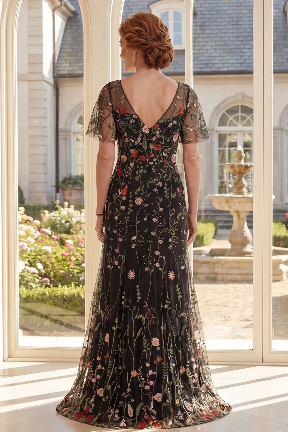 A-Line Black V-Neck Floral Tulle Long Mother Of the Bride Dress with Flutter Sleeves sold by Zapaka product image thumbnail 2