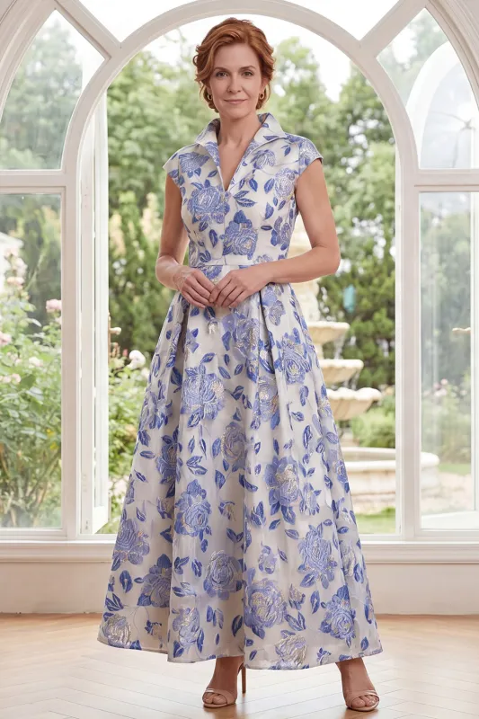 White Blue Flower A-Line Jacquard Long Mother Of the Bride Dress with Cap Sleeves made by Zapaka