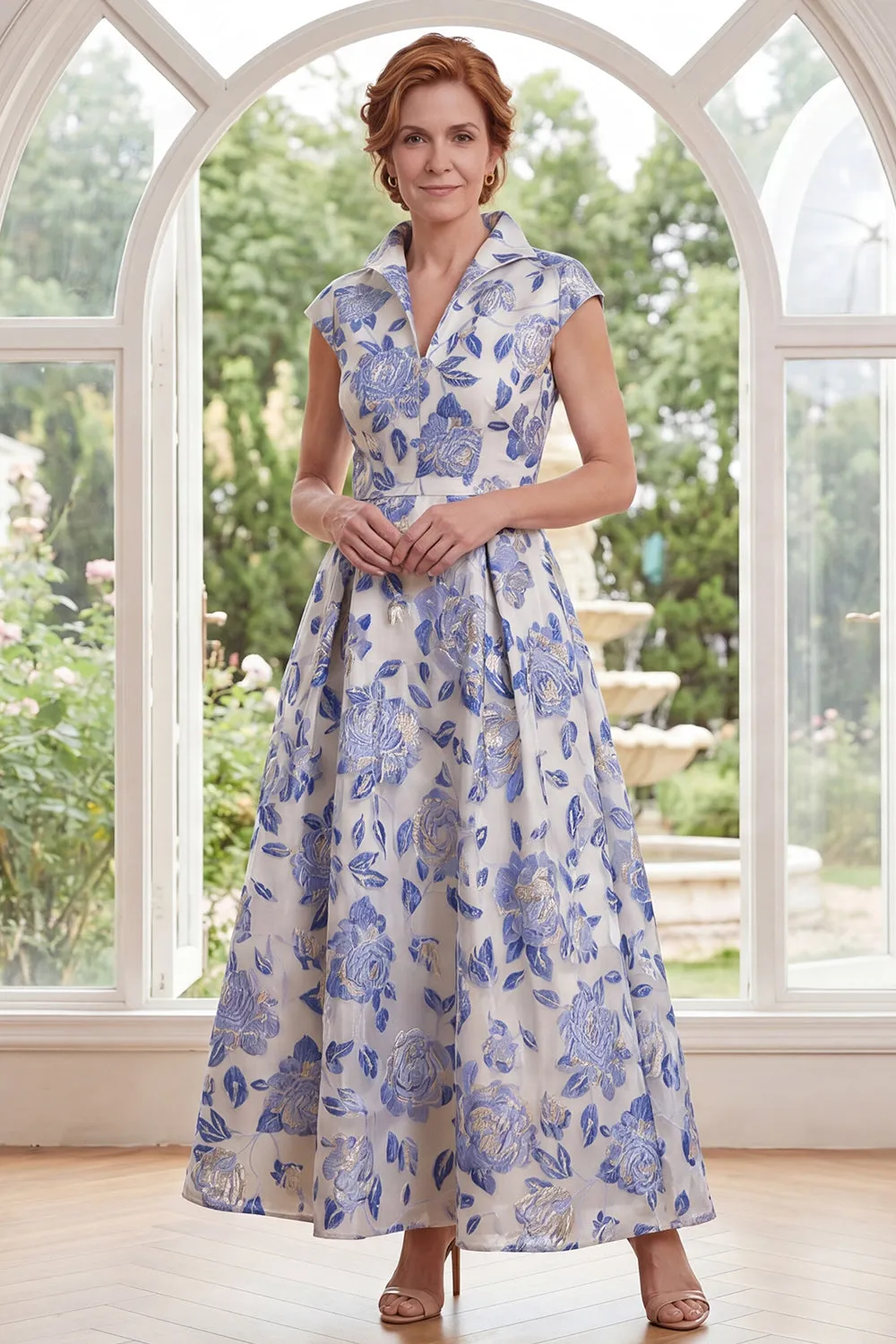 White Blue Flower A-Line Jacquard Long Mother Of the Bride Dress with Cap Sleeves sold by Zapaka