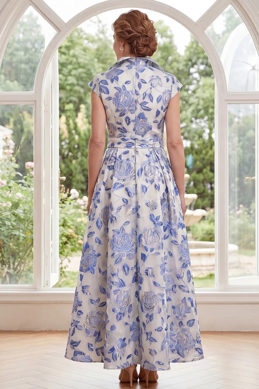 White Blue Flower A-Line Jacquard Long Mother Of the Bride Dress with Cap Sleeves sold by Zapaka product image thumbnail 2