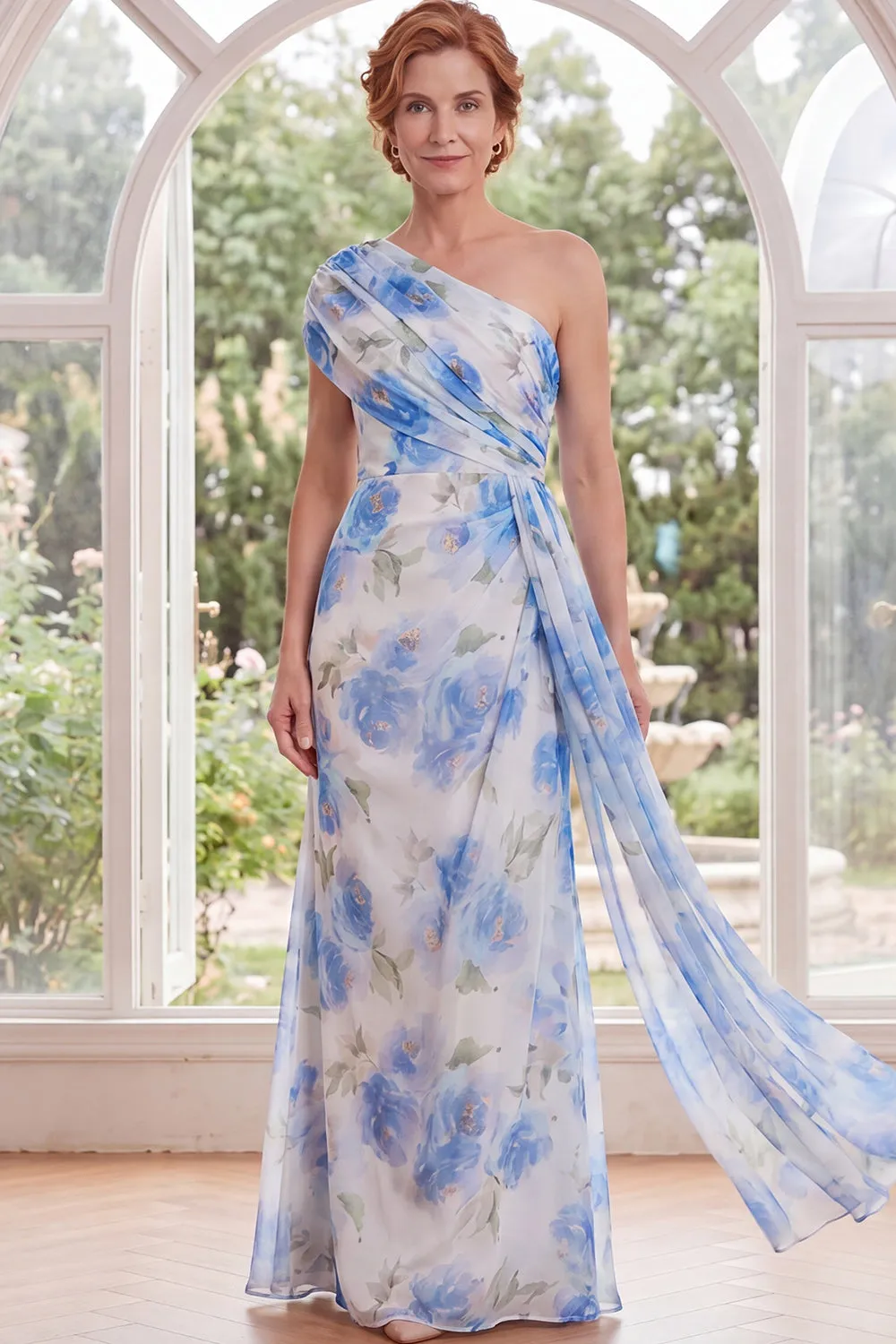 Chiffon White Blue Flower One Shoulder Ruched Long Mother Of the Bride Dress with Sash sold by Zapaka