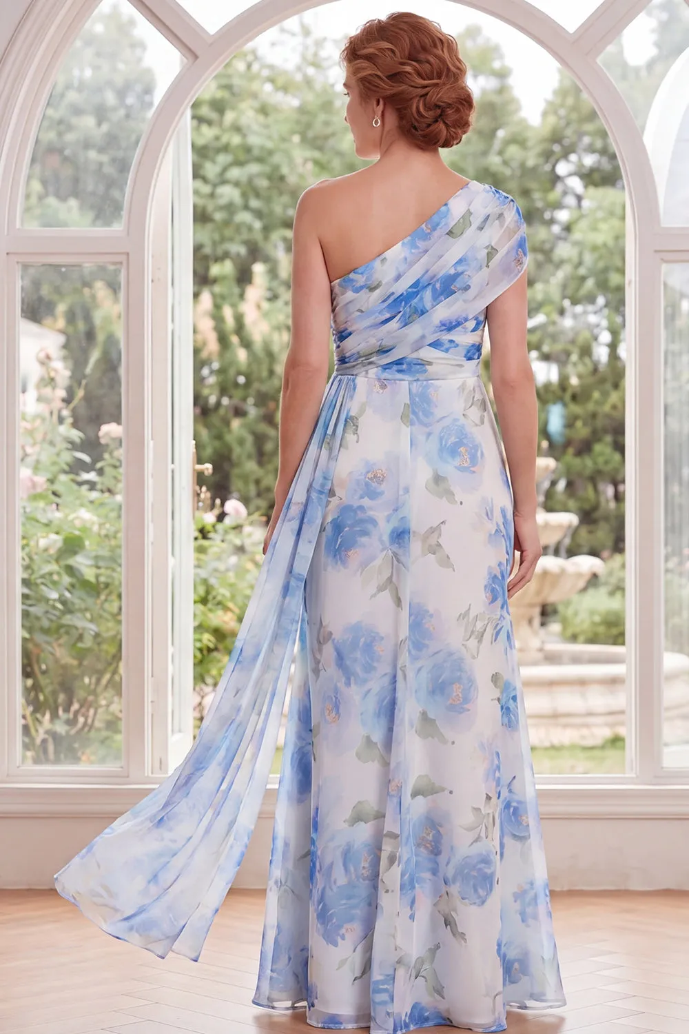 Chiffon White Blue Flower One Shoulder Ruched Long Mother Of the Bride Dress with Sash sold by Zapaka product image thumbnail 2