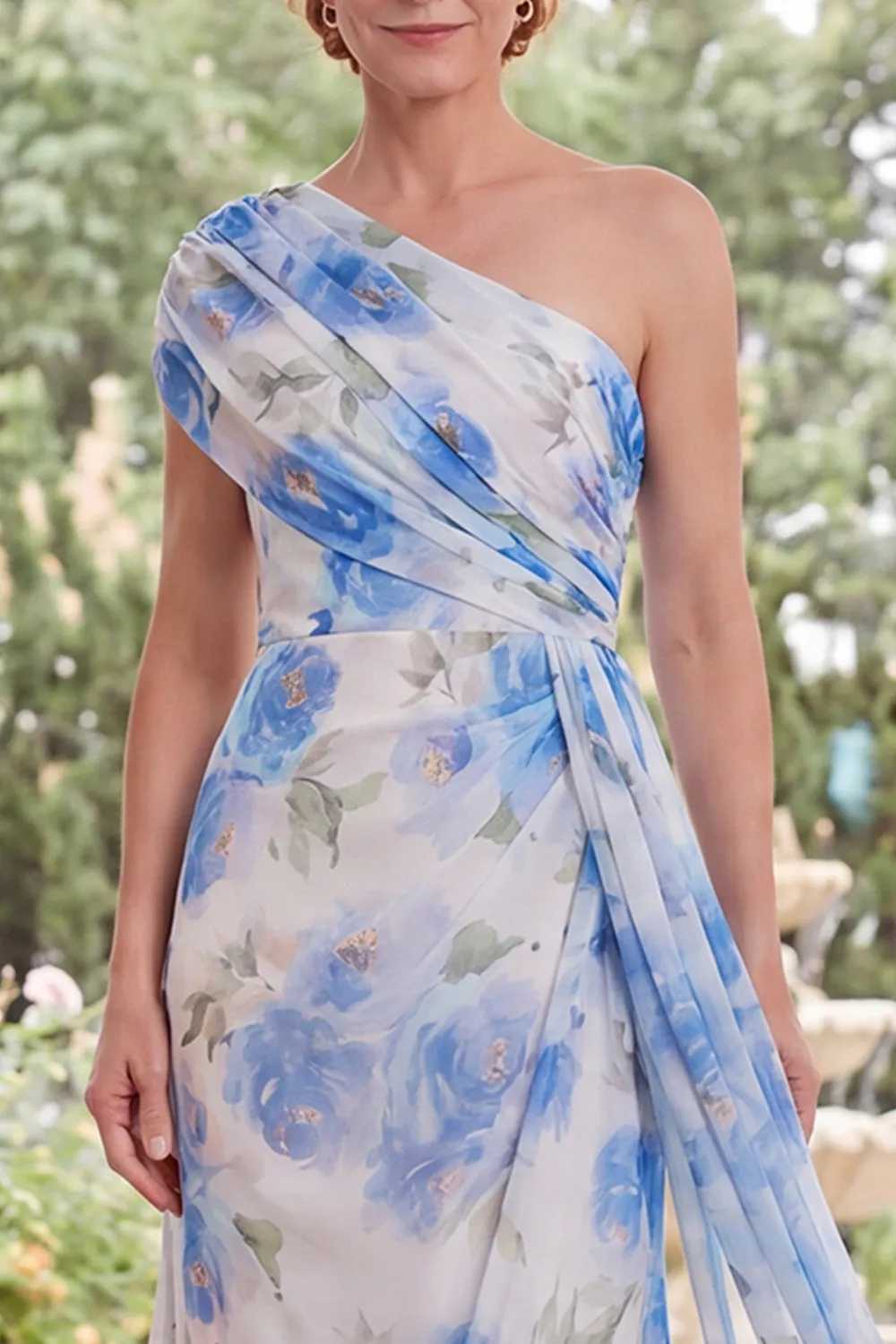 Chiffon White Blue Flower One Shoulder Ruched Long Mother Of the Bride Dress with Sash sold by Zapaka product image thumbnail 3
