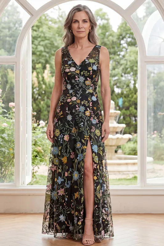 Black Tulle A-Line V-Neck Embroidered Long Mother Of the Bride Dress with Slit made by Zapaka