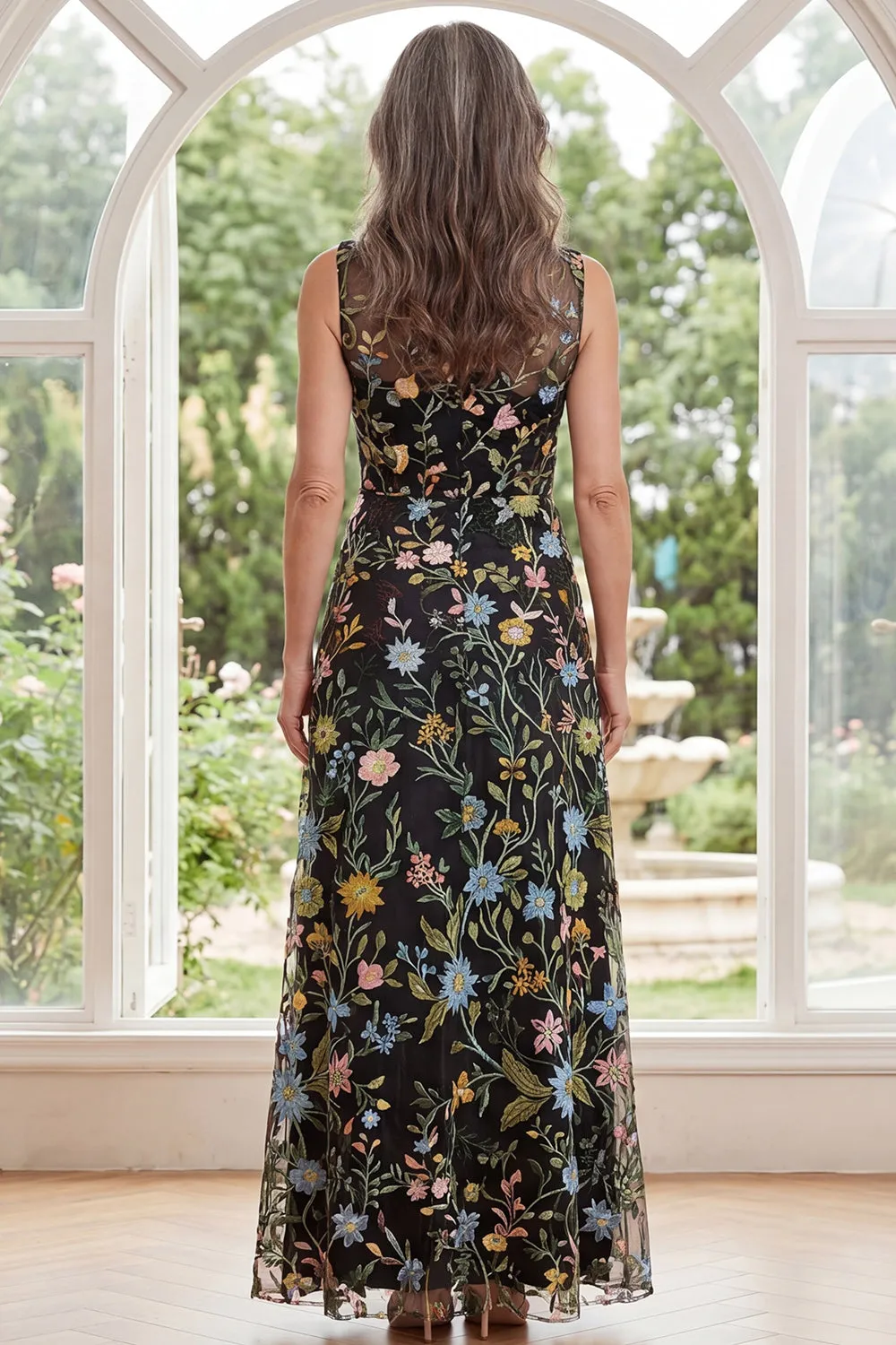 Black Tulle A-Line V-Neck Embroidered Long Mother Of the Bride Dress with Slit sold by Zapaka product image thumbnail 2