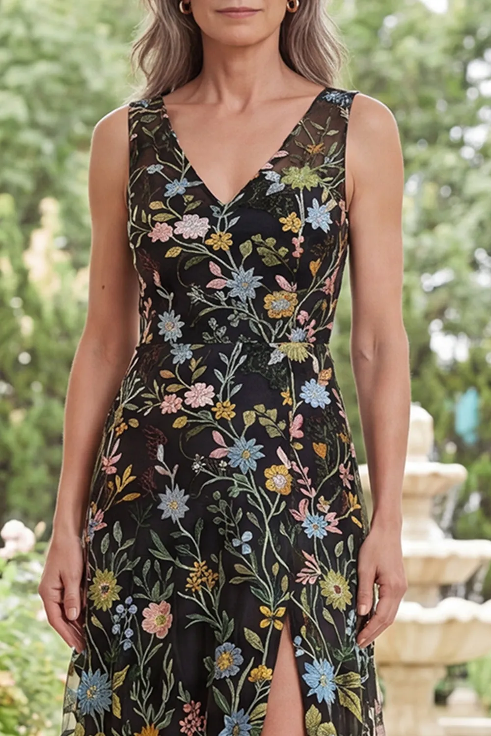 Black Tulle A-Line V-Neck Embroidered Long Mother Of the Bride Dress with Slit sold by Zapaka product image thumbnail 3