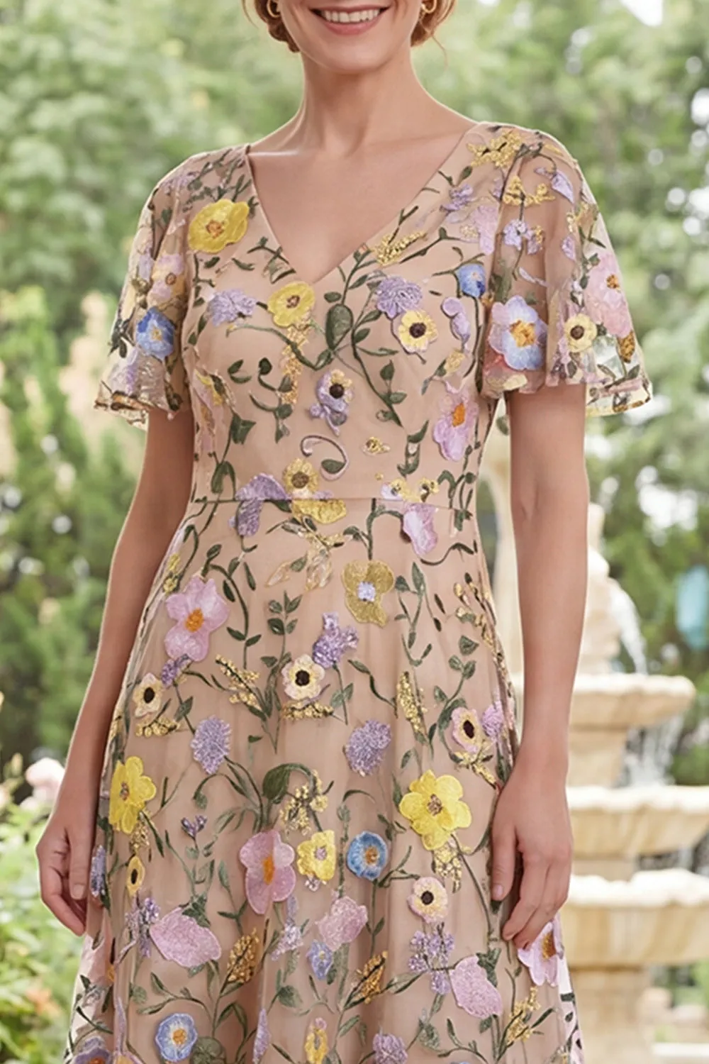 Champagne Tulle A-Line V-Neck Embroidered Midi Mother Of the Bride Dress sold by Zapaka product image thumbnail 3