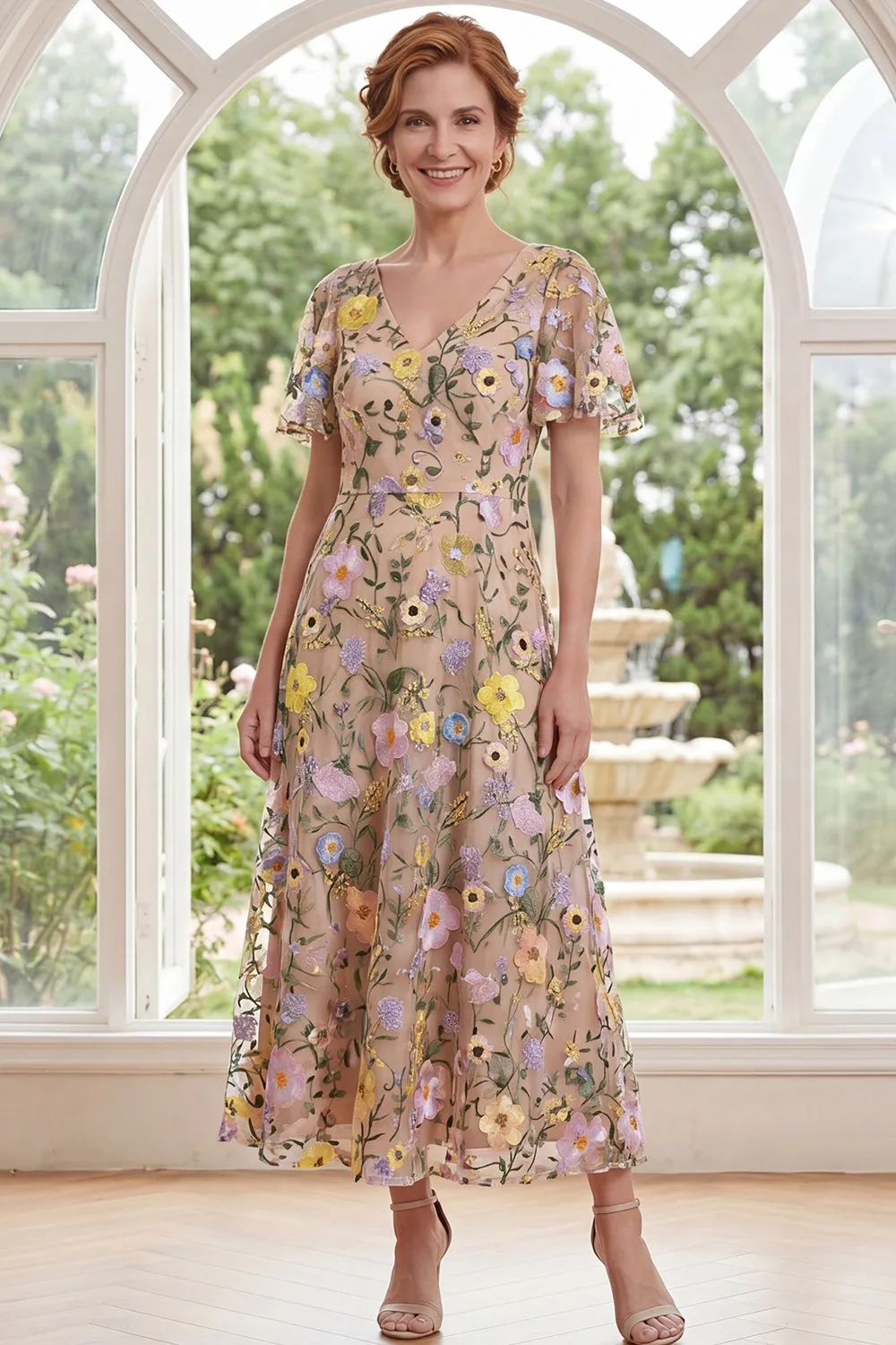 Champagne Tulle A-Line V-Neck Embroidered Midi Mother Of the Bride Dress sold by Zapaka