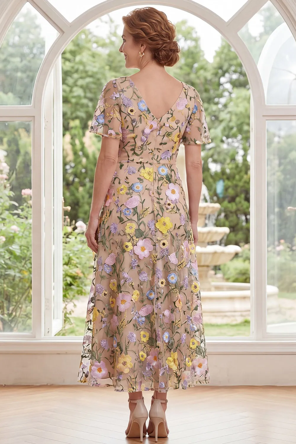 Champagne Tulle A-Line V-Neck Embroidered Midi Mother Of the Bride Dress sold by Zapaka product image thumbnail 2