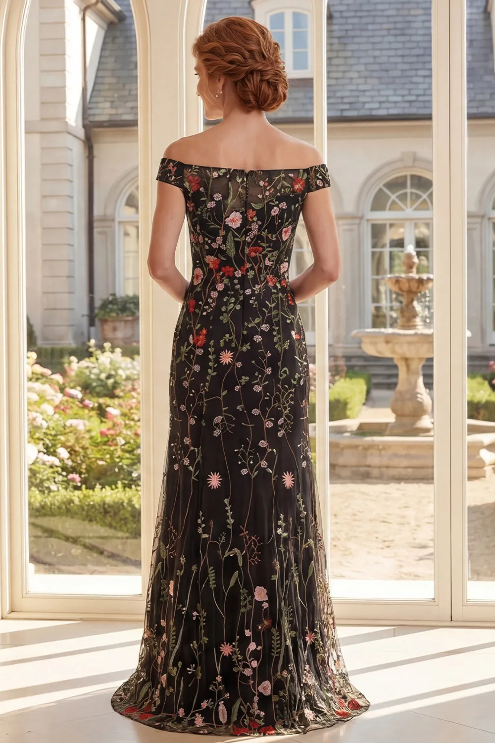 Off the Shoulder Black Tulle Floral Embroidered Long Mother Of the Bride Dress sold by Zapaka product image thumbnail 2