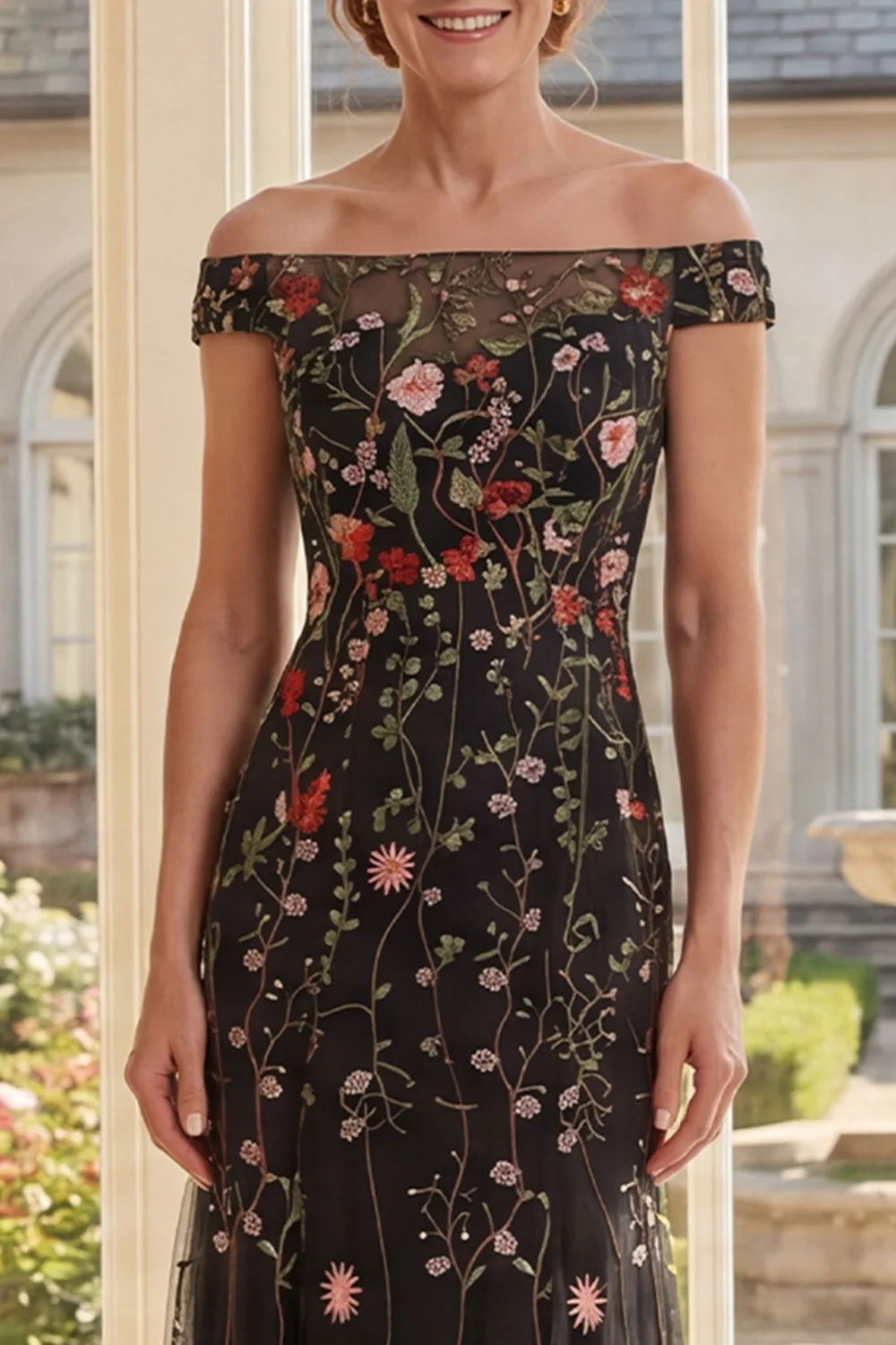 Off the Shoulder Black Tulle Floral Embroidered Long Mother Of the Bride Dress sold by Zapaka product image thumbnail 3