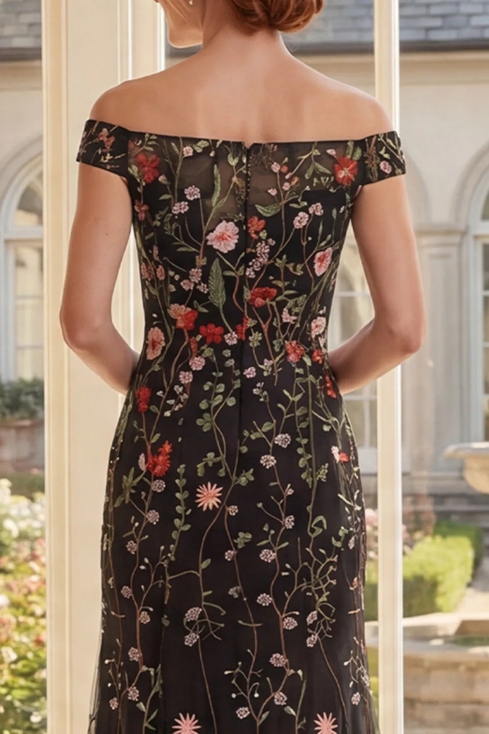 Off the Shoulder Black Tulle Floral Embroidered Long Mother Of the Bride Dress sold by Zapaka product image thumbnail 4