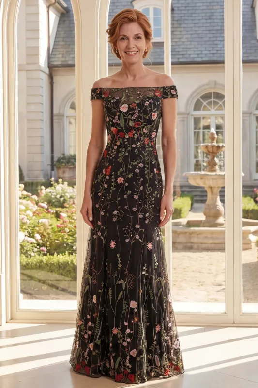 Off the Shoulder Black Tulle Floral Embroidered Long Mother Of the Bride Dress made by Zapaka
