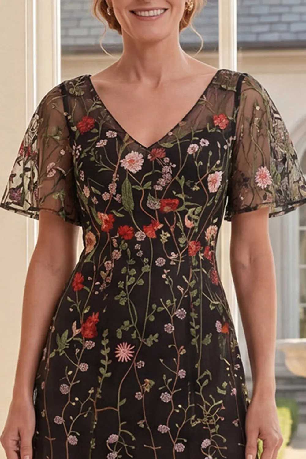 Black Tulle V-Neck Floral Embroidered Long Mother Of the Bride Dress sold by Zapaka product image thumbnail 3