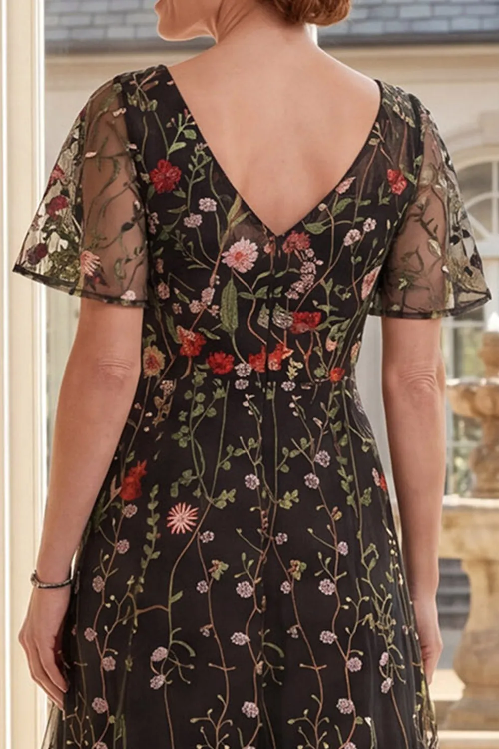 Black Tulle V-Neck Floral Embroidered Long Mother Of the Bride Dress sold by Zapaka product image thumbnail 4
