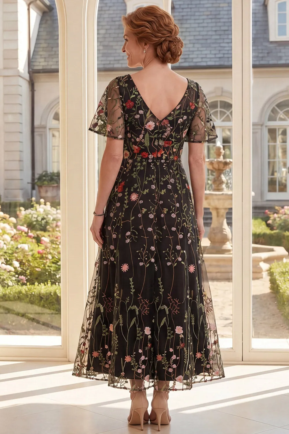 Black Tulle V-Neck Floral Embroidered Long Mother Of the Bride Dress sold by Zapaka product image thumbnail 2