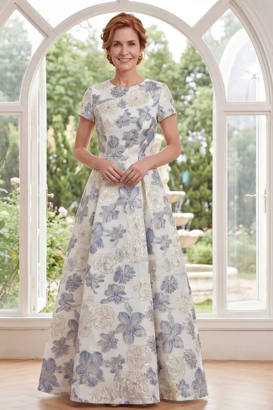 Dusty Blue Jacquard Round Neck Floral Long Mother Of the Bride Dress with Short Sleeves made by Zapaka