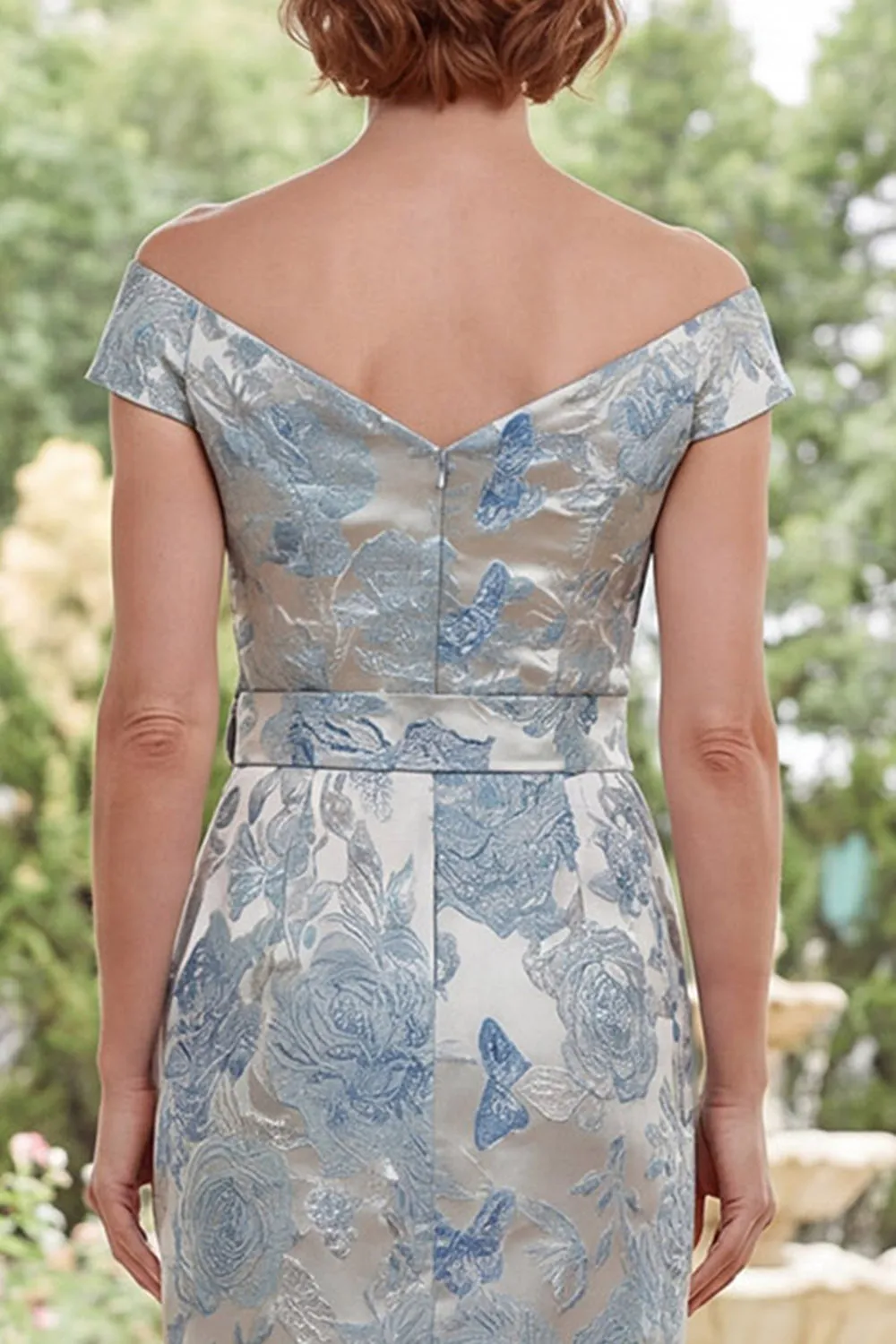 Blue Off the Shoulder Bodycon Jacquard Floral Long Mother Of the Bride Dress with Belt sold by Zapaka product image thumbnail 4