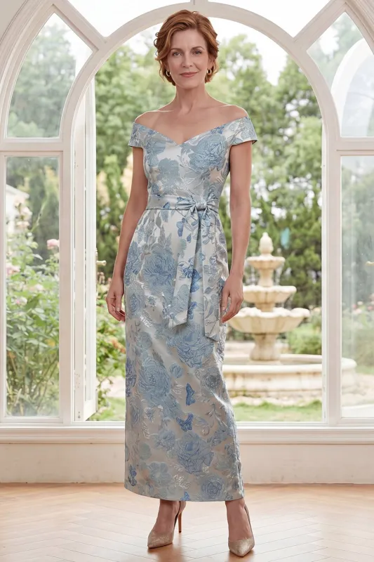 Blue Off the Shoulder Bodycon Jacquard Floral Long Mother Of the Bride Dress with Belt made by Zapaka