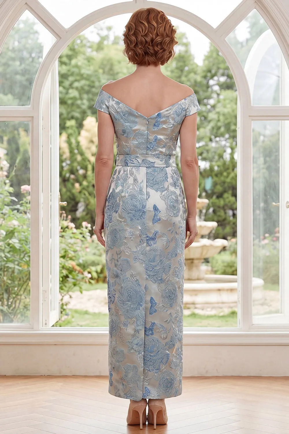 Blue Off the Shoulder Bodycon Jacquard Floral Long Mother Of the Bride Dress with Belt sold by Zapaka product image thumbnail 2