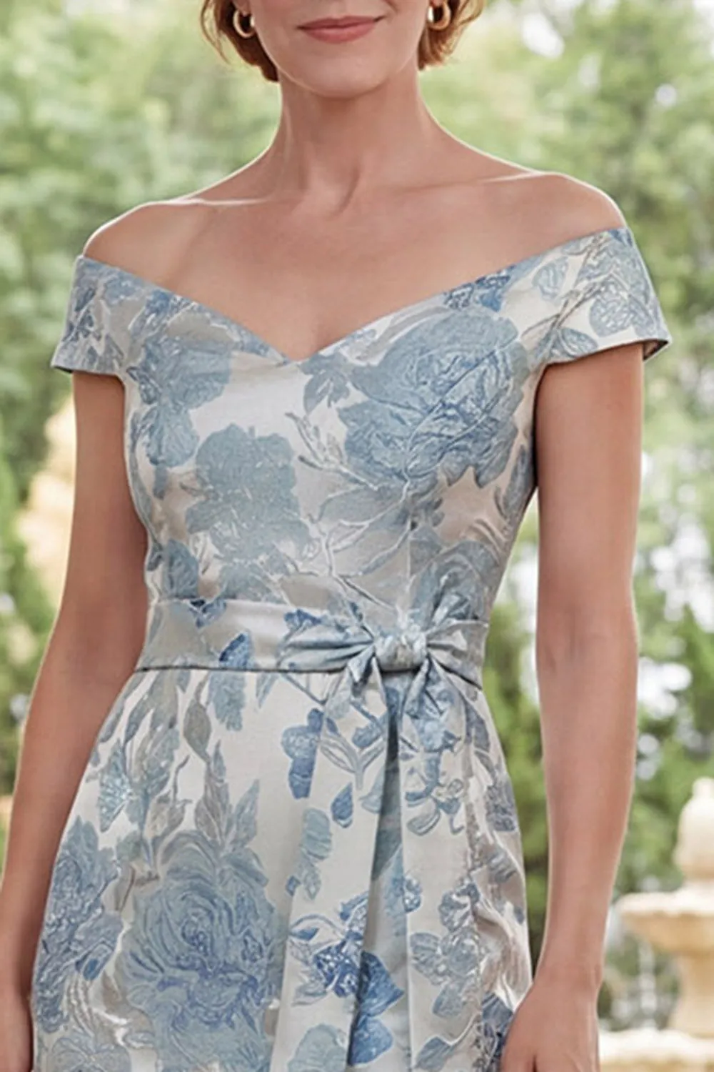Blue Off the Shoulder Bodycon Jacquard Floral Long Mother Of the Bride Dress with Belt sold by Zapaka product image thumbnail 3
