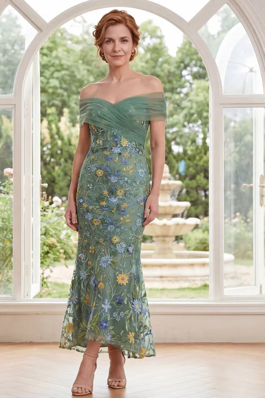 Mermaid Green Off the Shoulder Embroidered Floral Long Mother Of the Bride Dress made by Zapaka